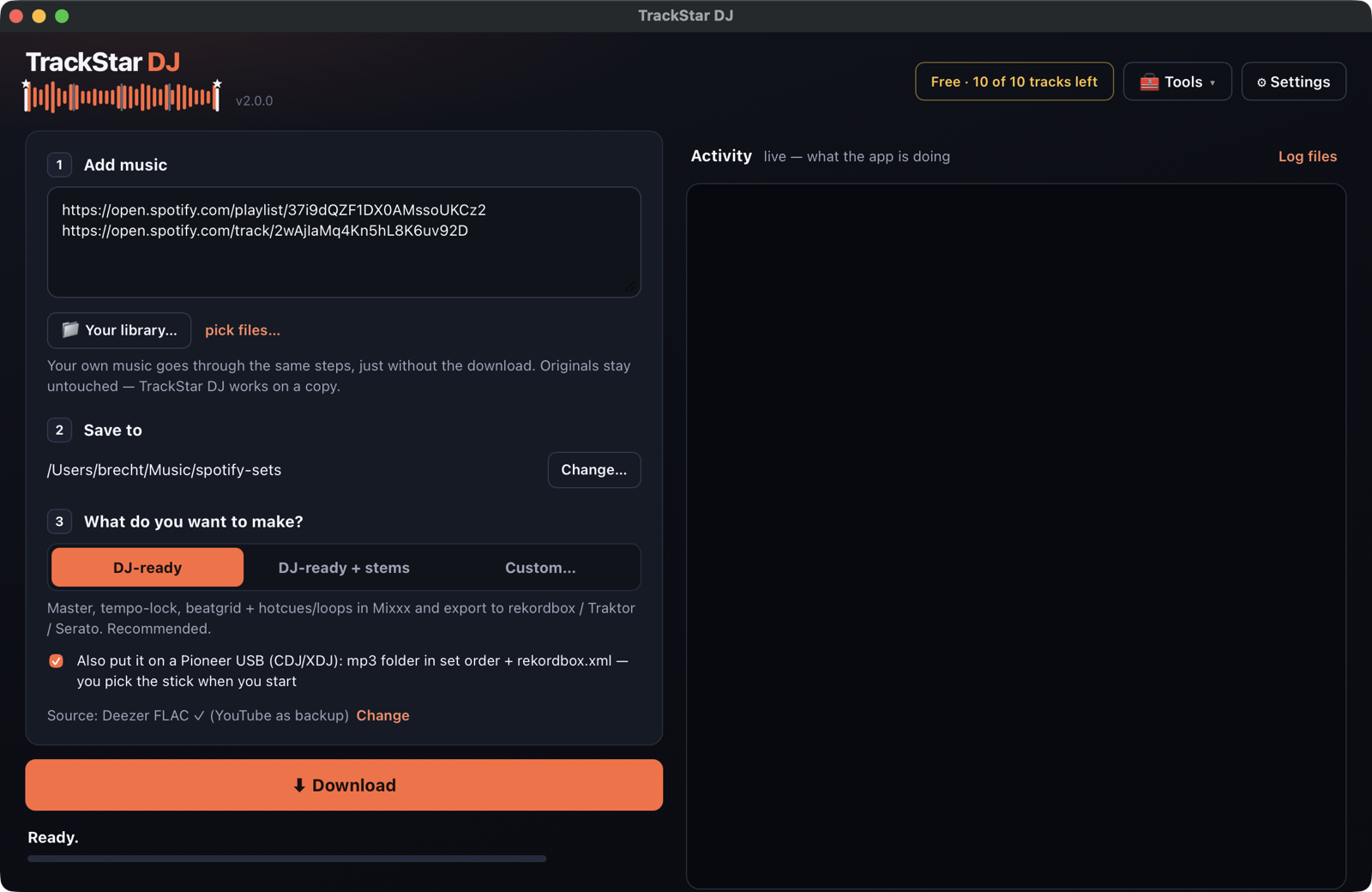 TrackStar DJ main window: paste links, choose DJ-ready, download